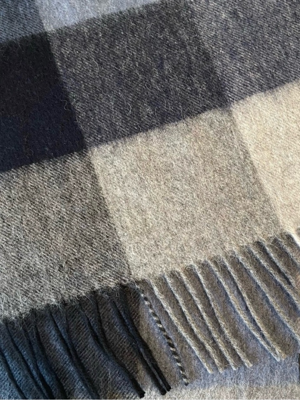 Cashmere Wool Blend Plaid Scarf Gray Black Cream Fringe Unisex
